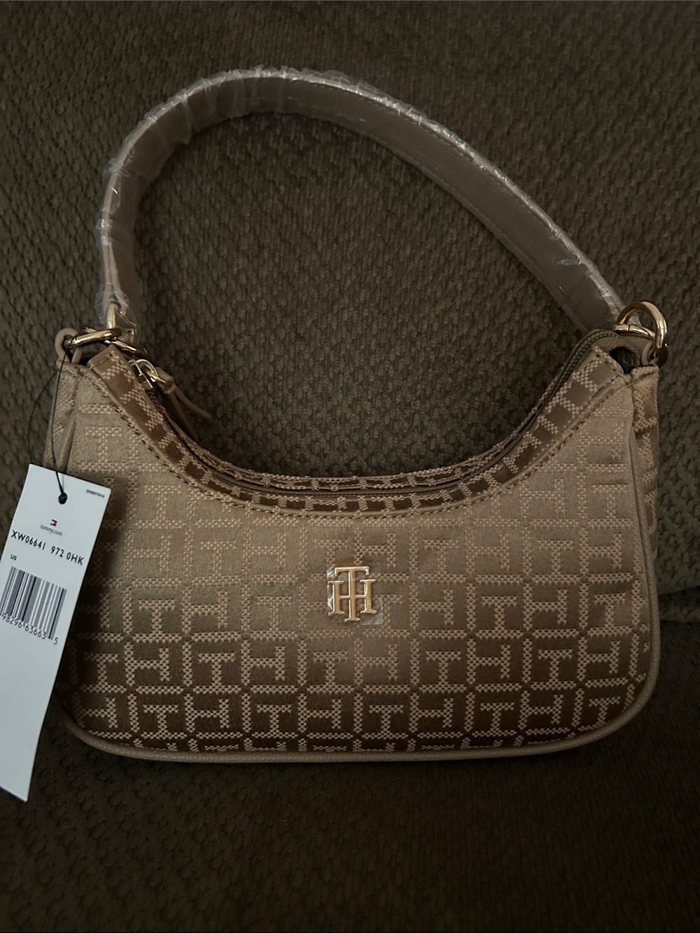 Tommy Hilfiger Neutral Beige Monogram Shoulder Bag with Gold Logo